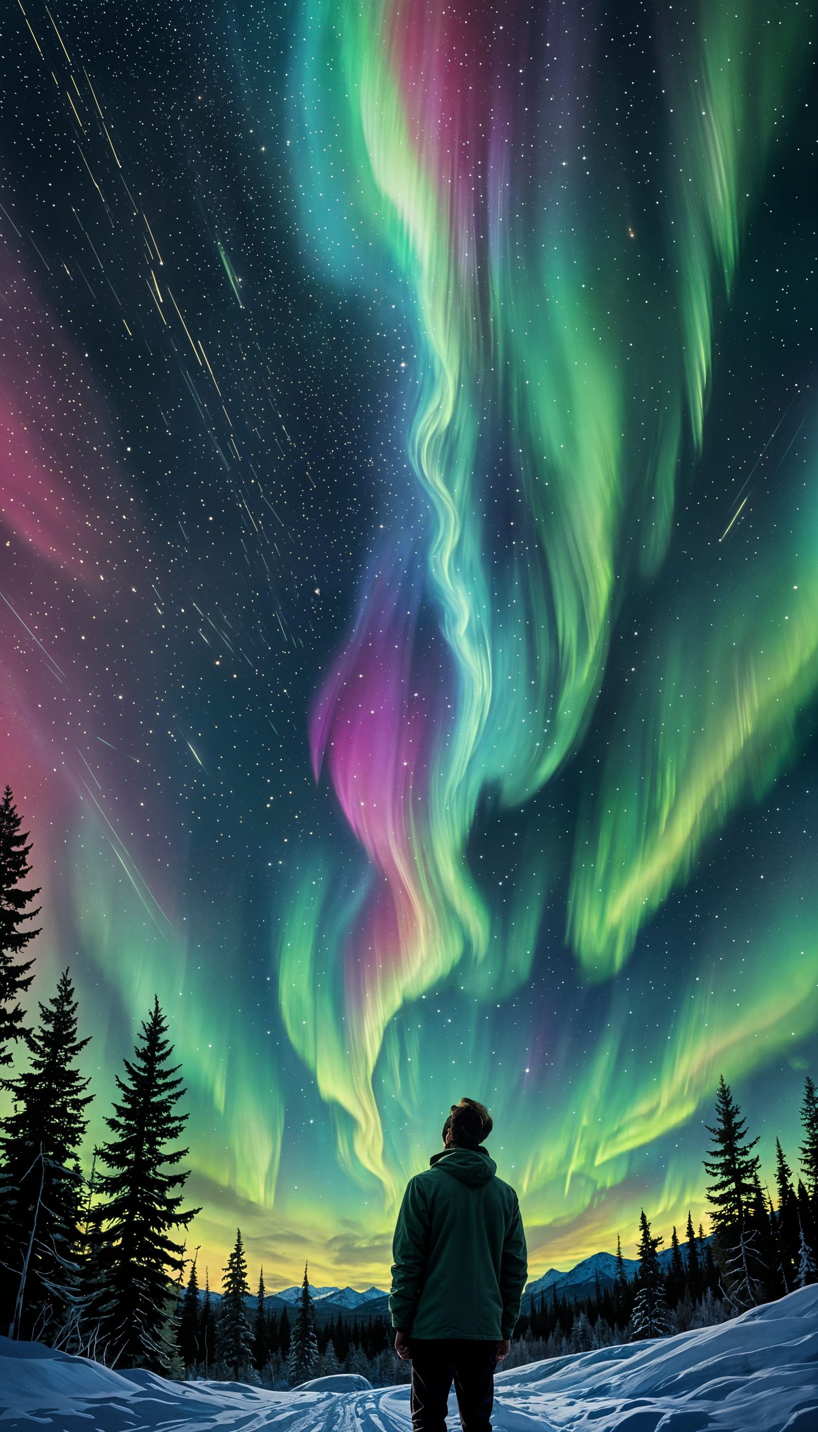 Northern Lights and Constellations in Night Sky