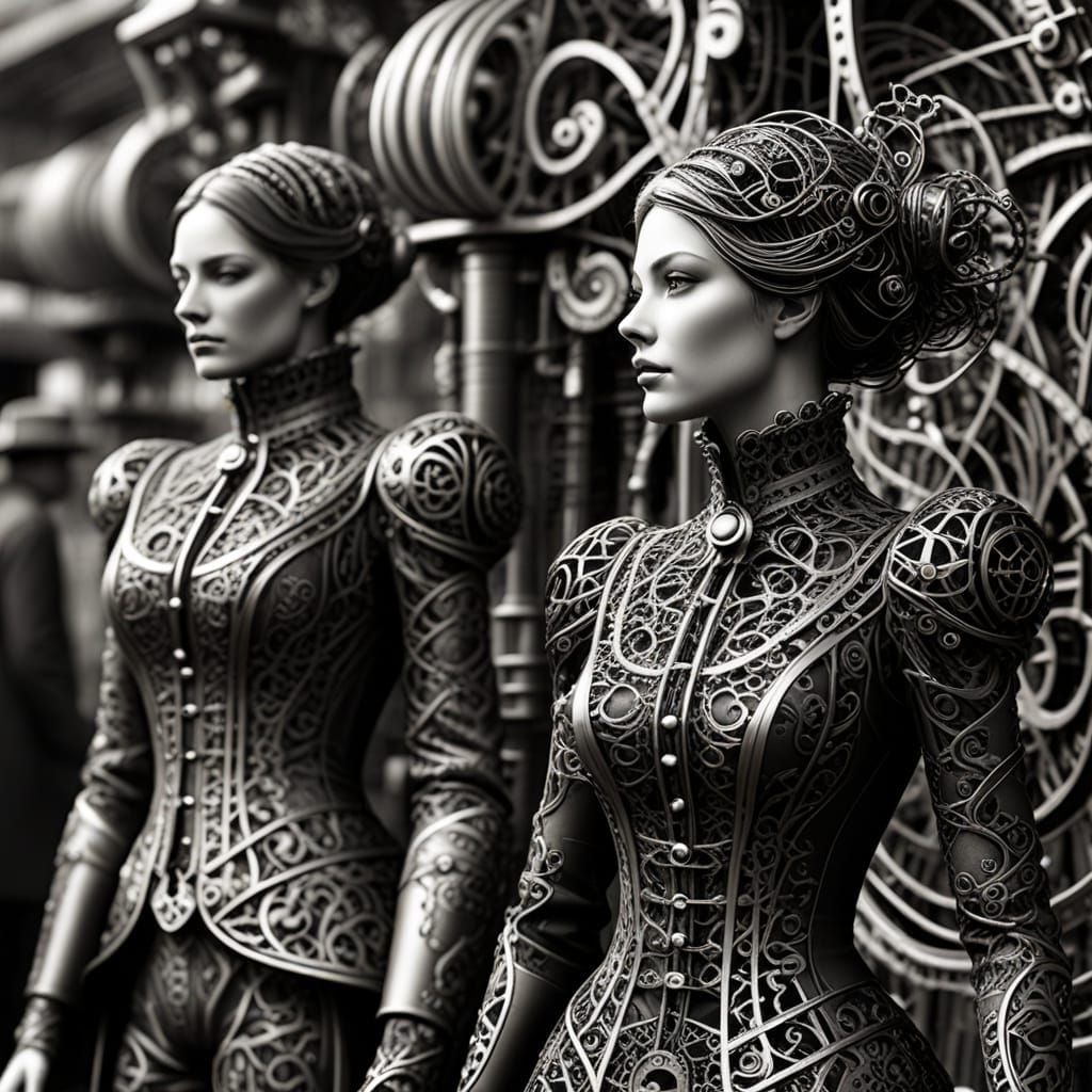 Steampunk Filigree People in Industrial Cityscape