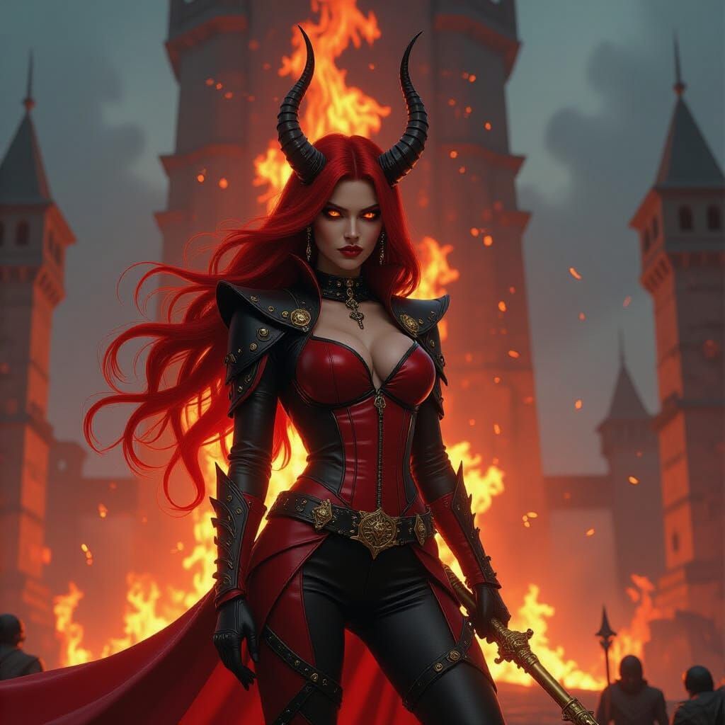 Female devil red and black flowing long hair firie eyes and ...
