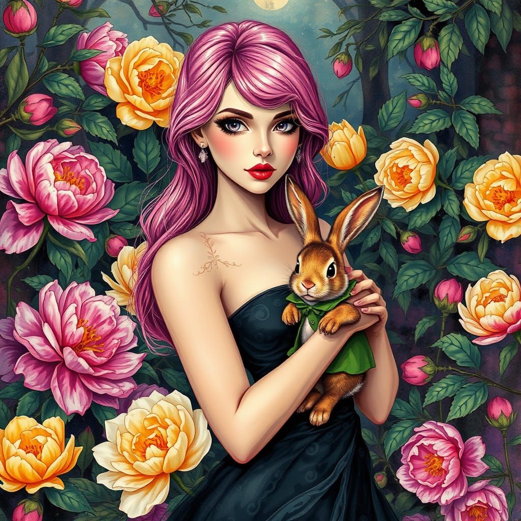 Woman with Bunny in Lush Garden, Alcohol Ink Art