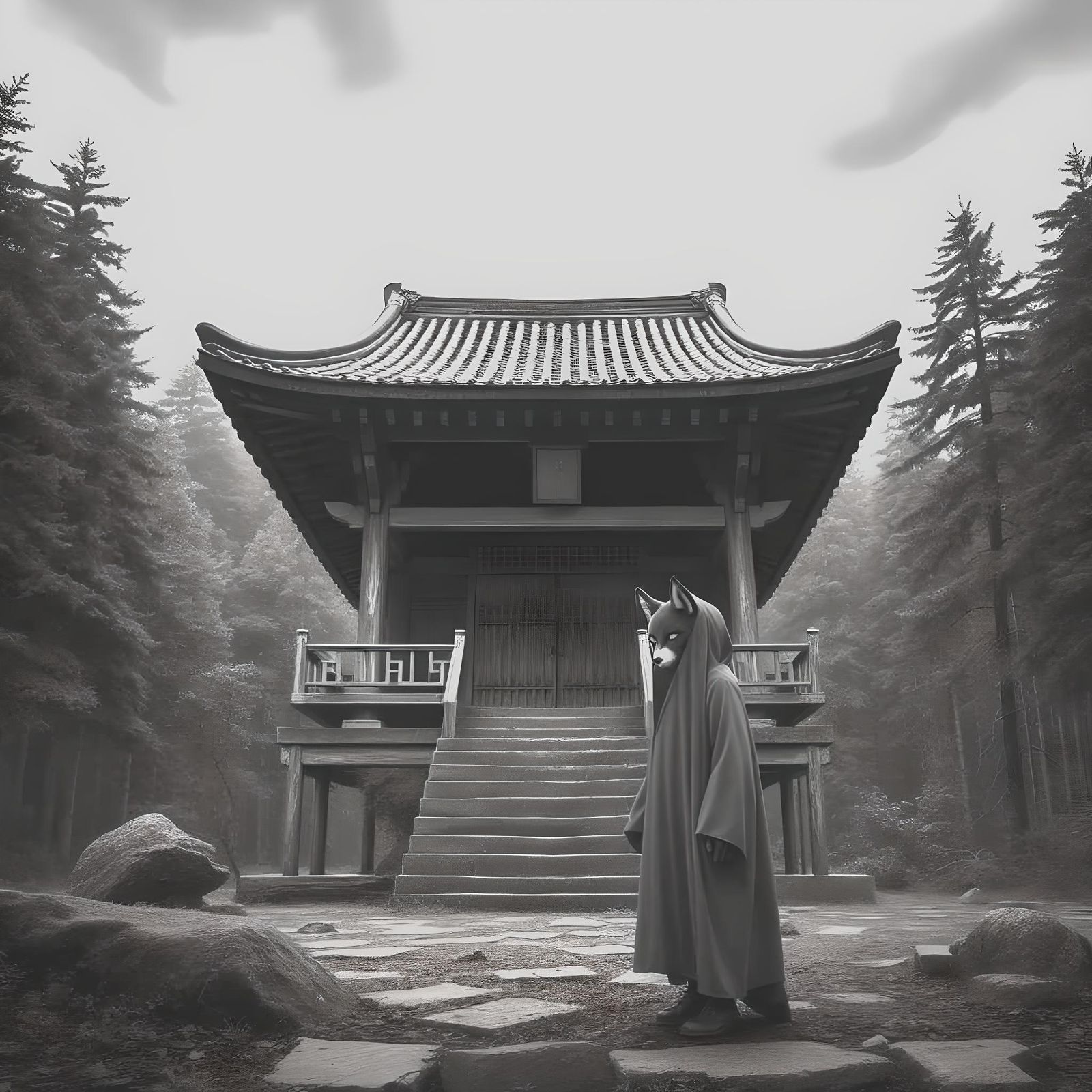 Abandoned Japanese Temple in Dark Forest, Spirit of Red Fox....