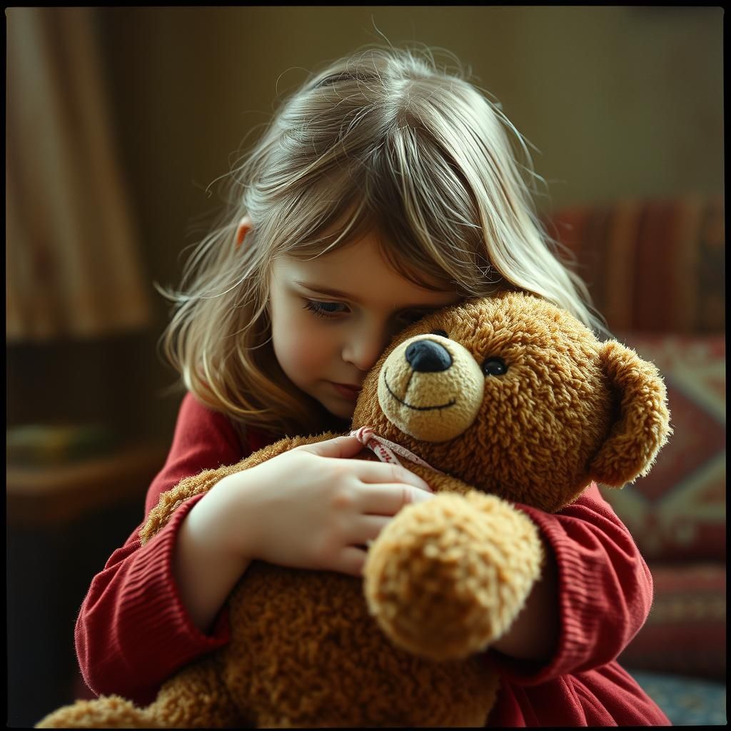 Girl Hugging Teddy Bear in Cinematic 35mm Style