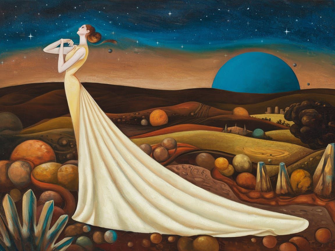 Elegant Woman in Surreal Landscape, Art Deco Style