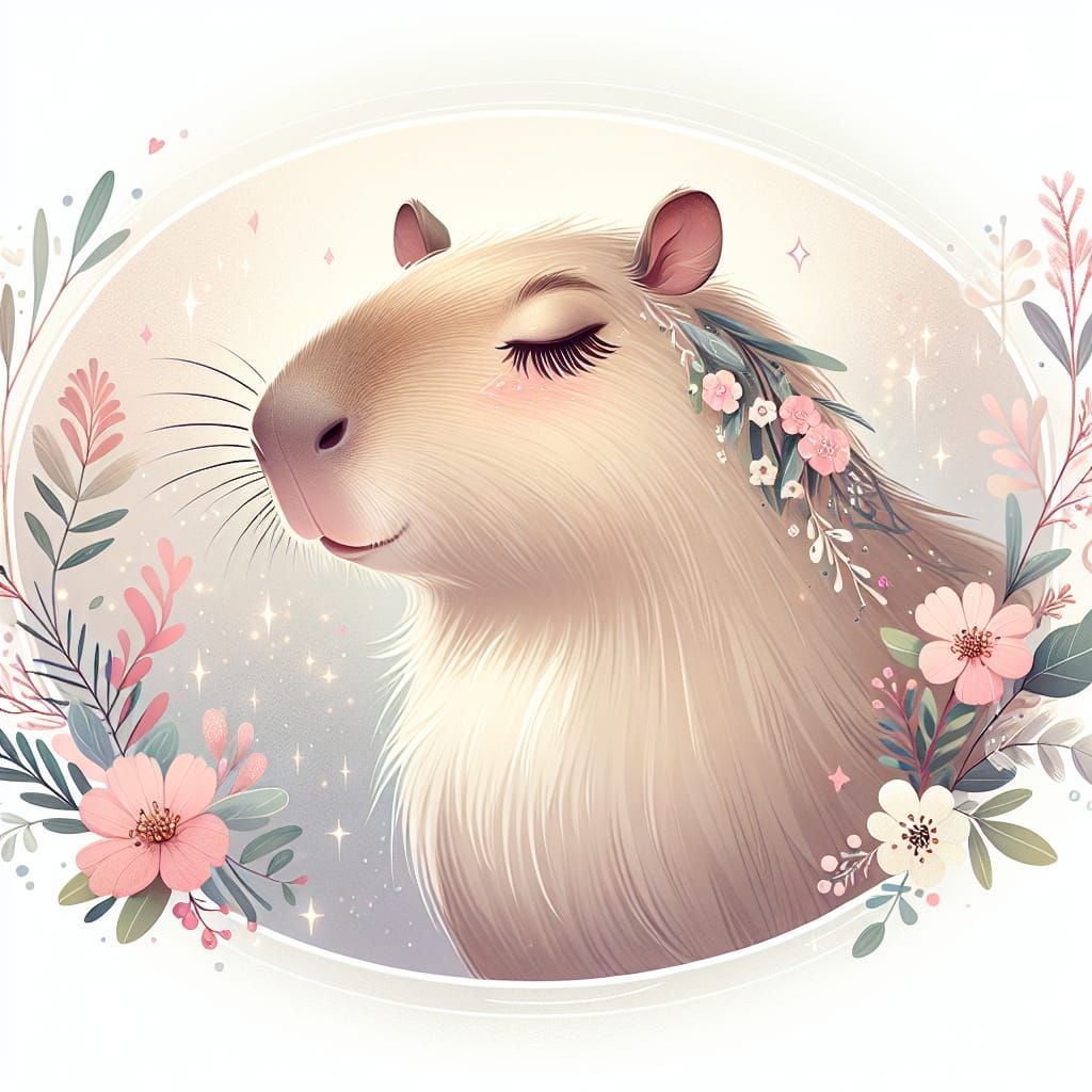 A romantic and whimsical capybara with long, luscious lashes, styled for New Year's Eve 2025. The capybara is surrounded...
