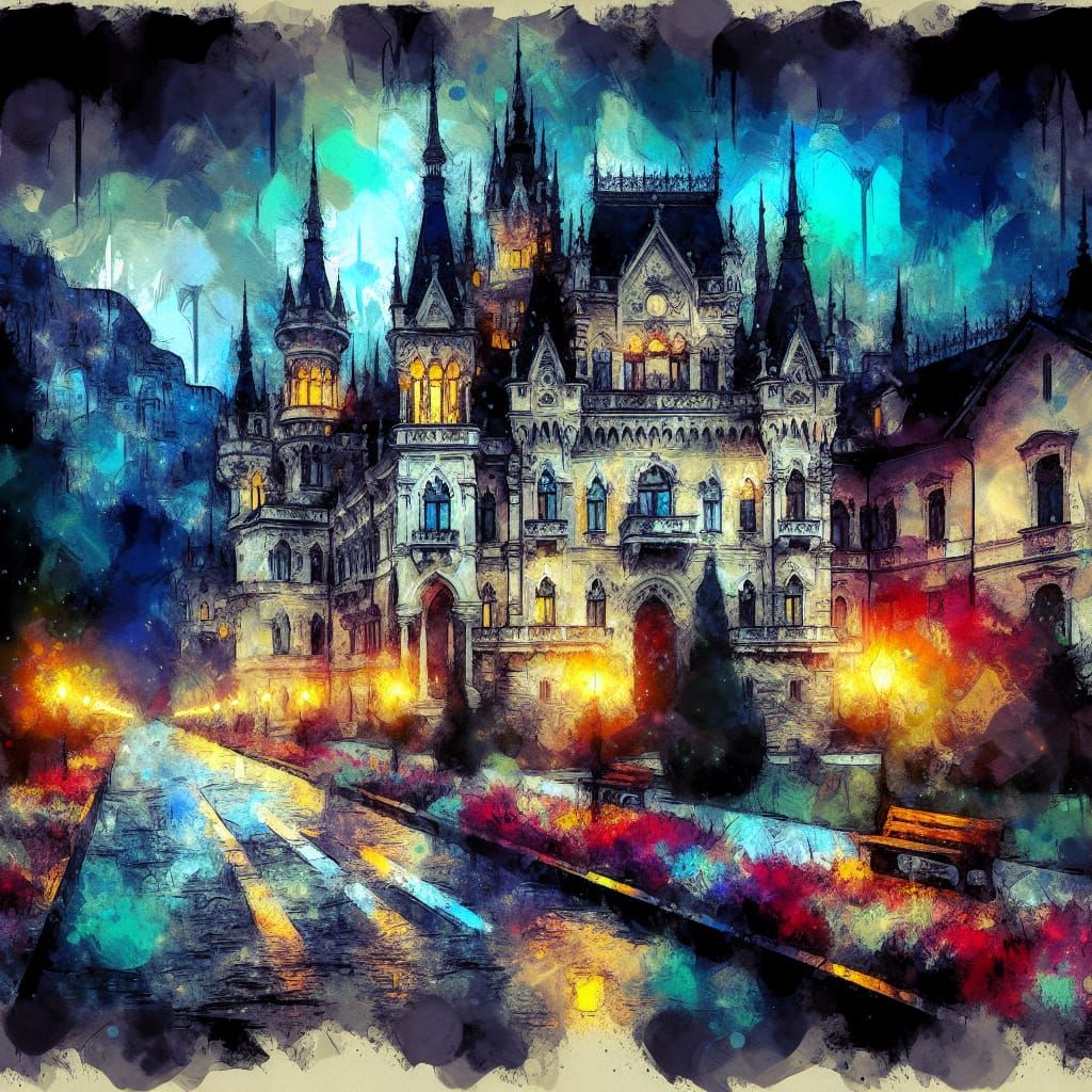 Eerie Castle at Night as Impressionist Watercolor