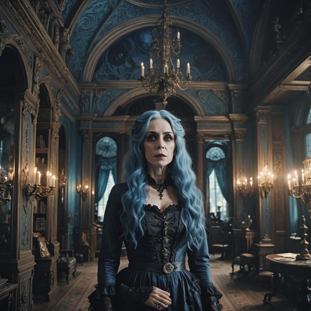 Gothic Blue-Haired Woman in Tim Burton Style