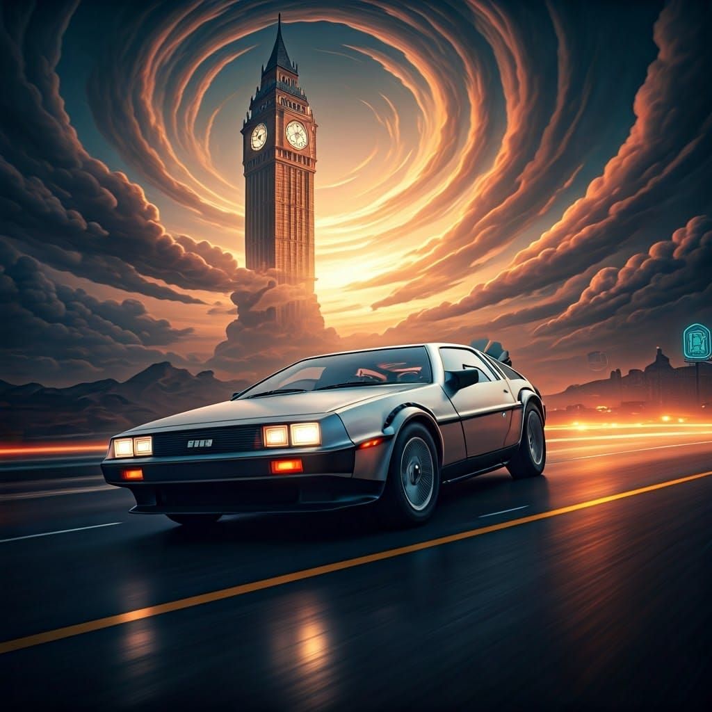 DeLorean at Dusk in a Futuristic Landscape