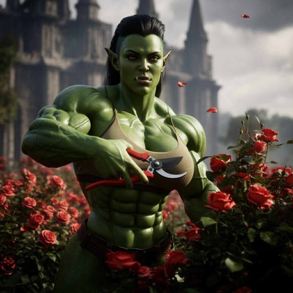 Muscular Orc Gardener in Rose Garden