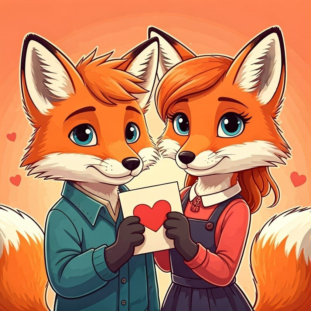 Adorable Cartoon Red Foxes Share Valentine's Day Heart