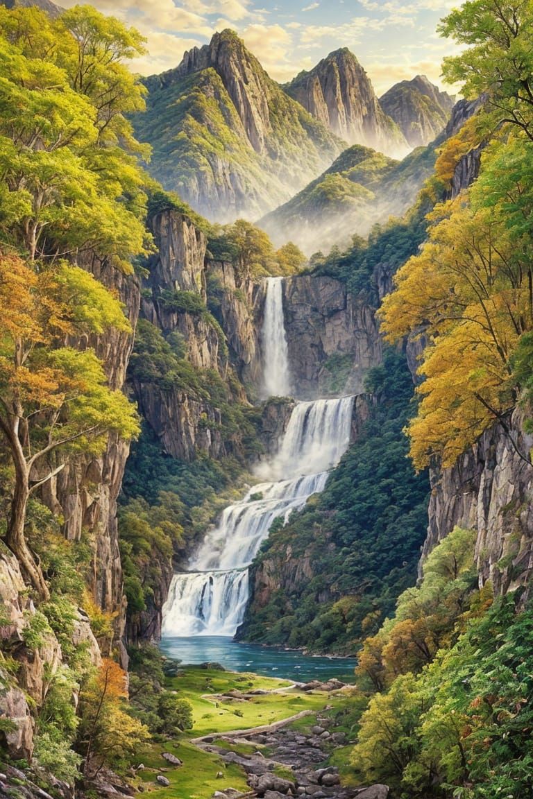 Hyperdetailed Waterfall Landscape in Pre-Raphaelite Style
