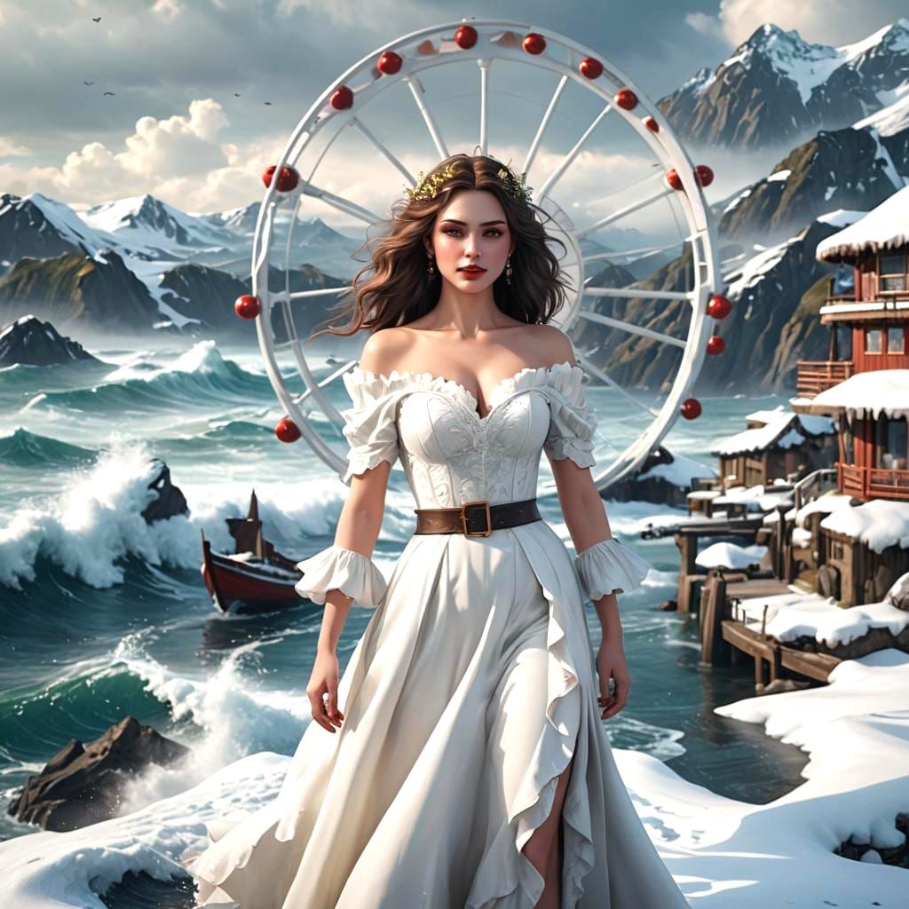 Woman in White Dress in Snowy Landscape