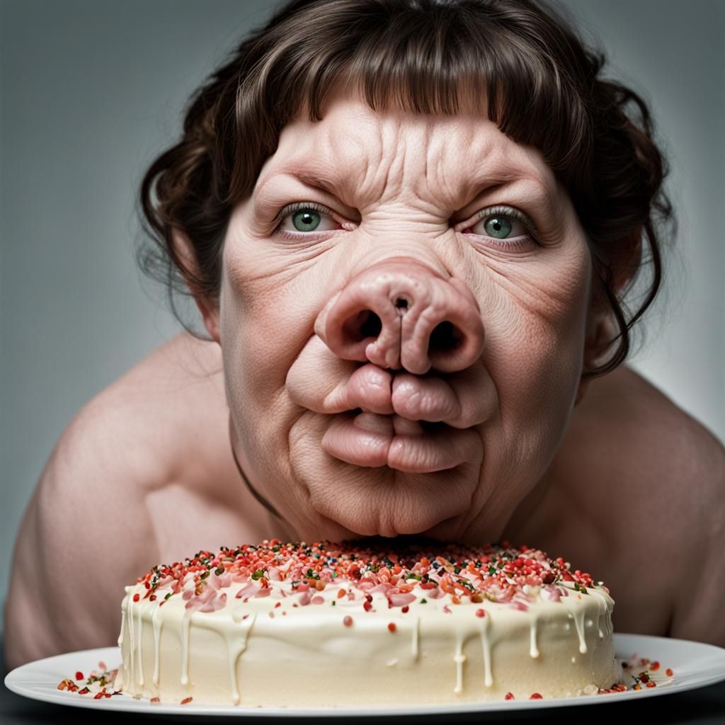 Human-Pig Hybrid Slurping Cake: Professional Portrait
