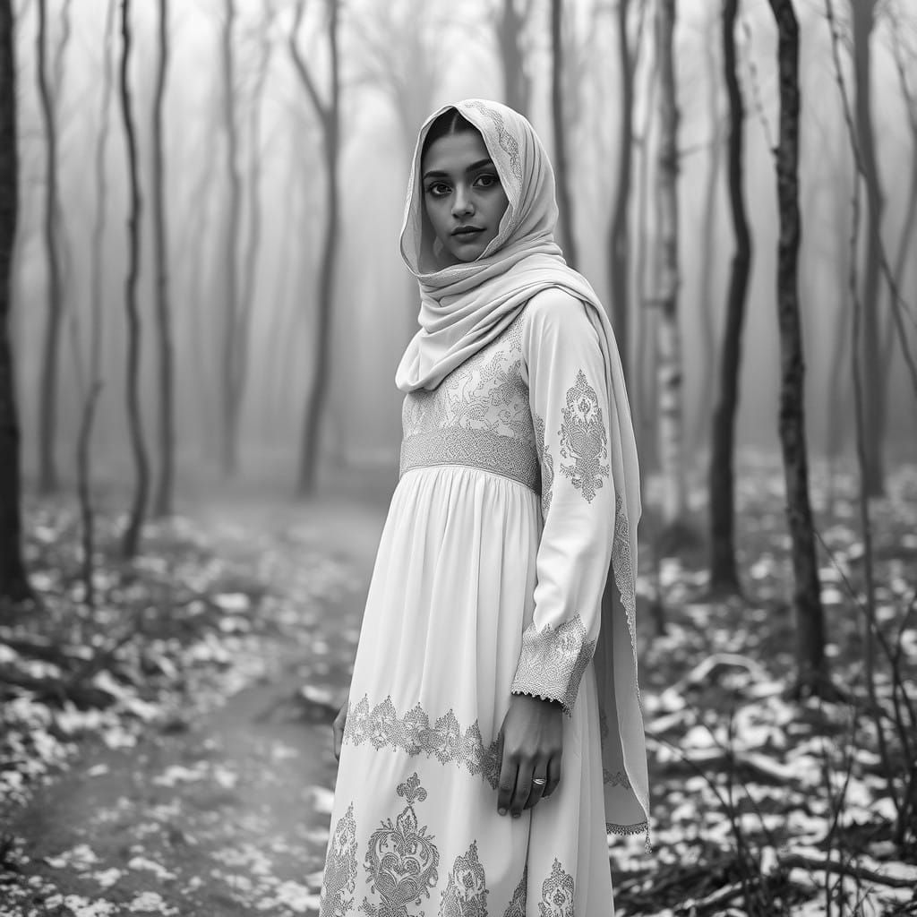 Elegant Arab Woman in Foggy Forest, Fine Art Black and White...