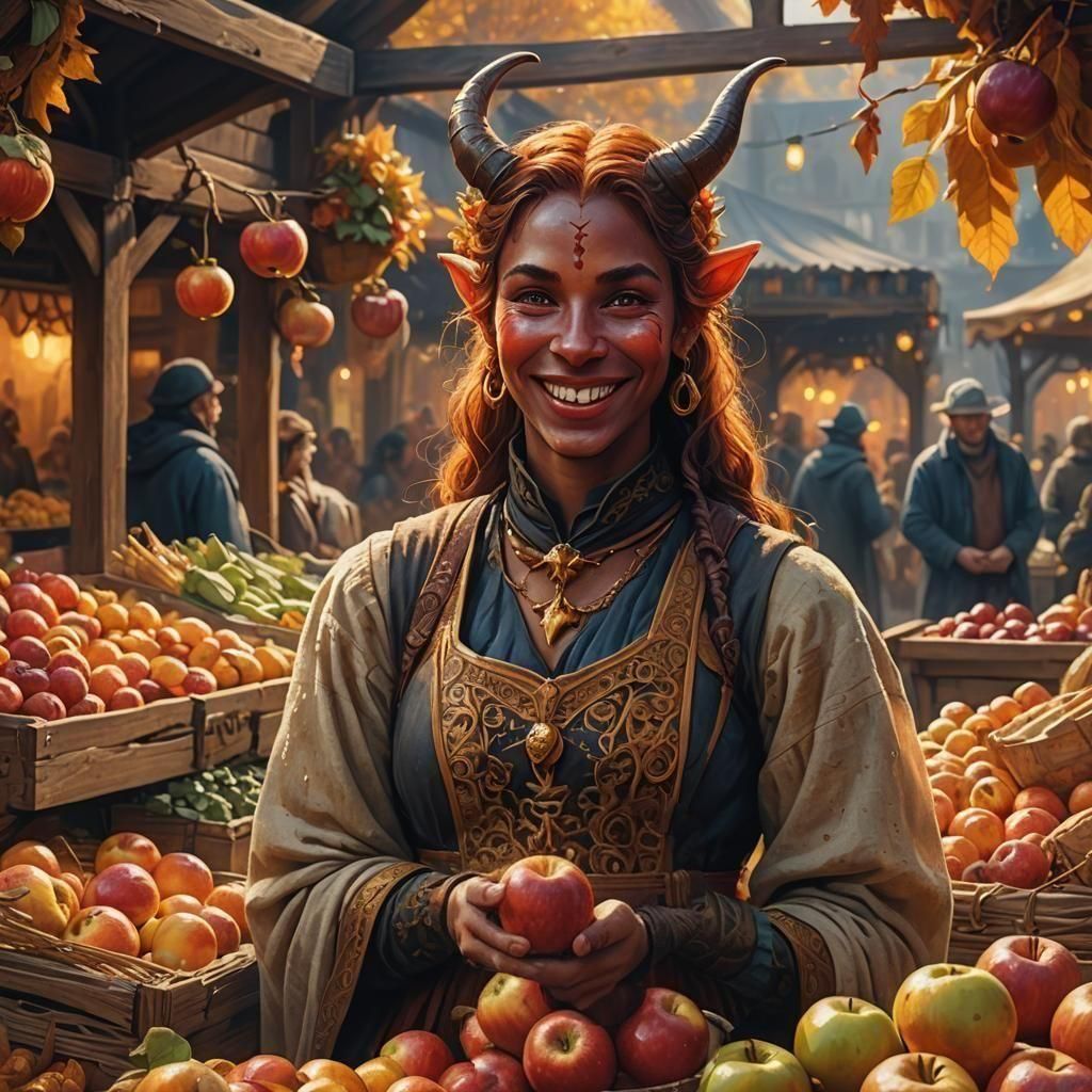 Tiefling at Autumn Apple Festival in Matte Painting Style