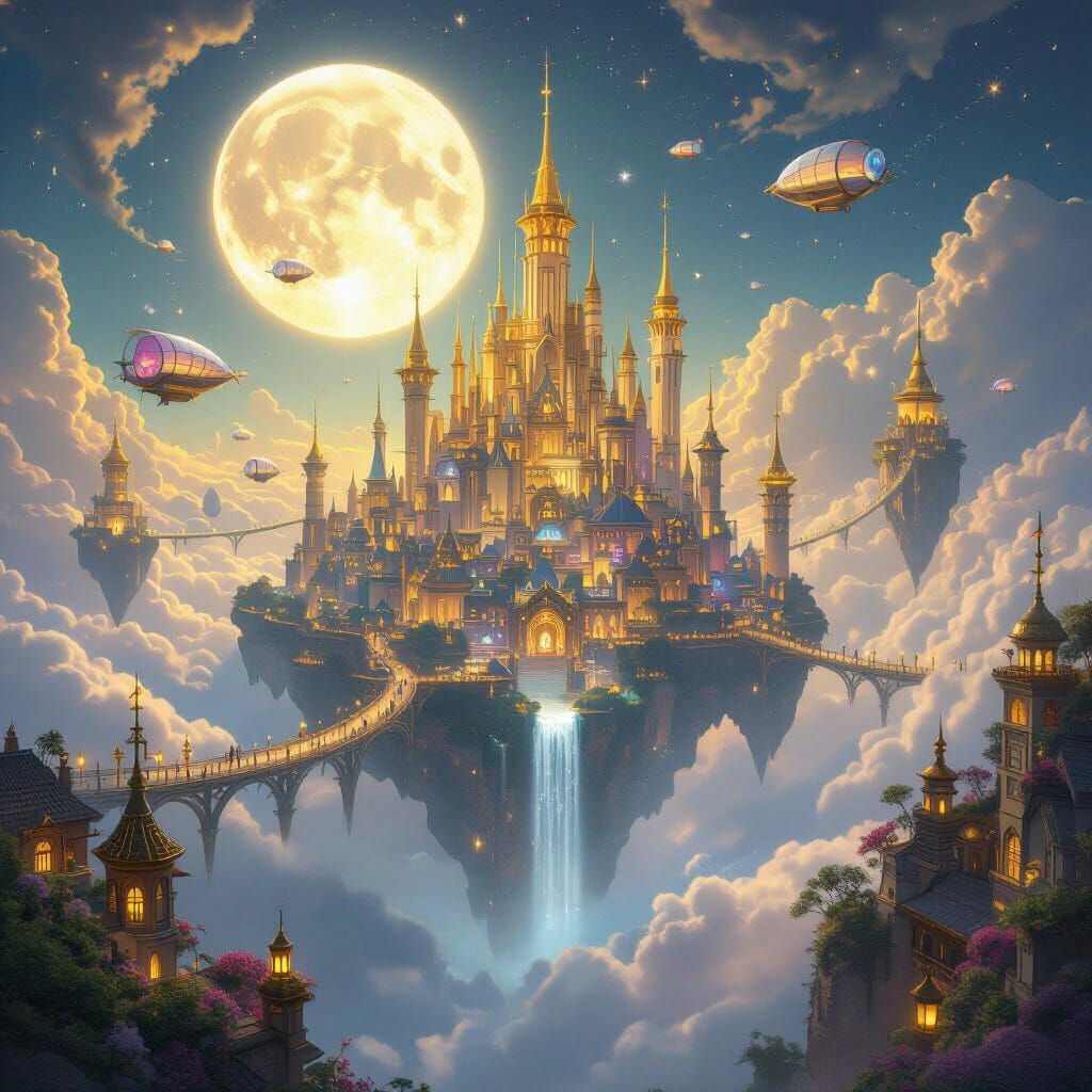 Mysterious Floating City Under a Giant Moon