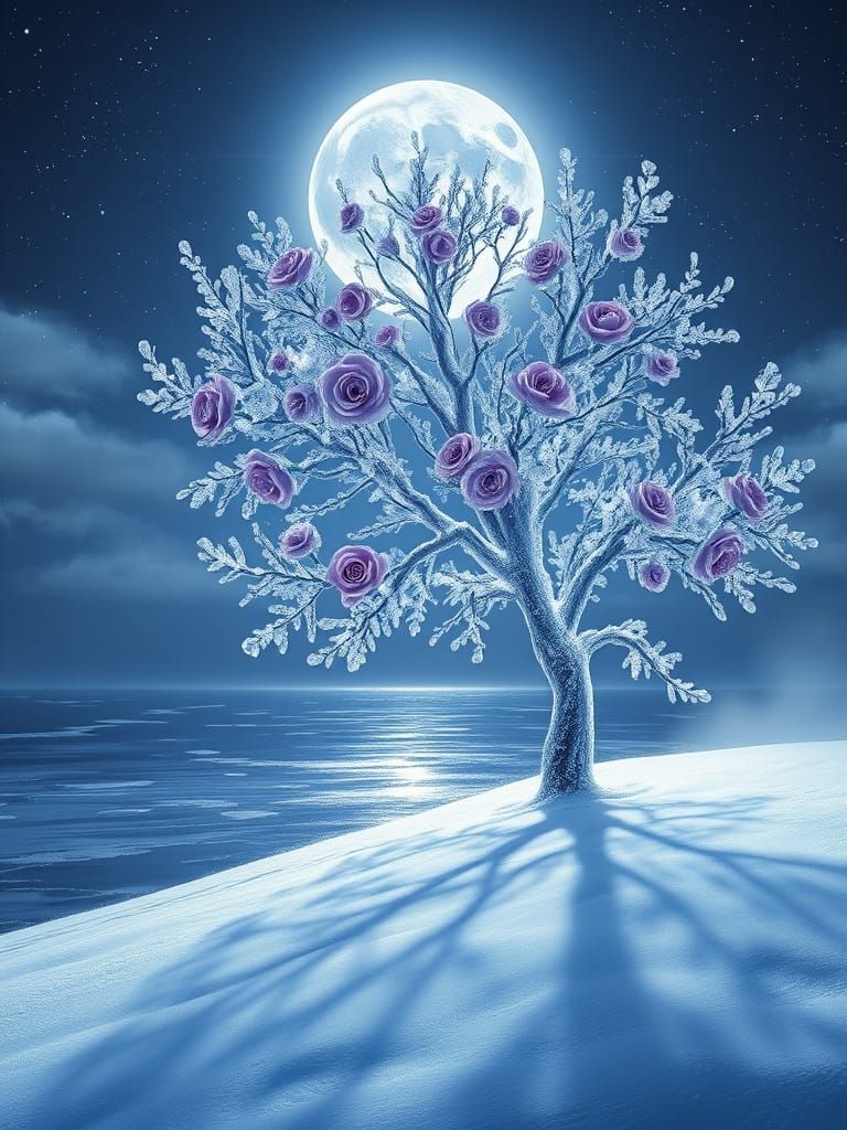 Crystalline Tree with Lavender Roses Under Moonlit Sky
