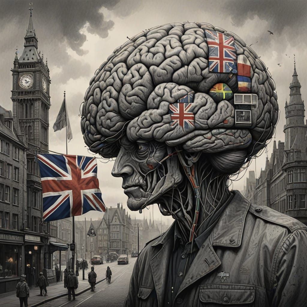 Brain Integrated into Merged British and German Flags in Det...