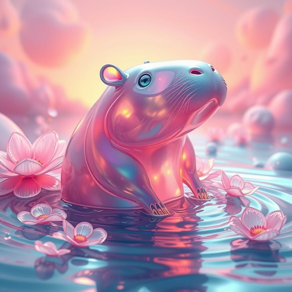 Surreal Water Sculpture of a Capybara in a Dreamlike Environ...