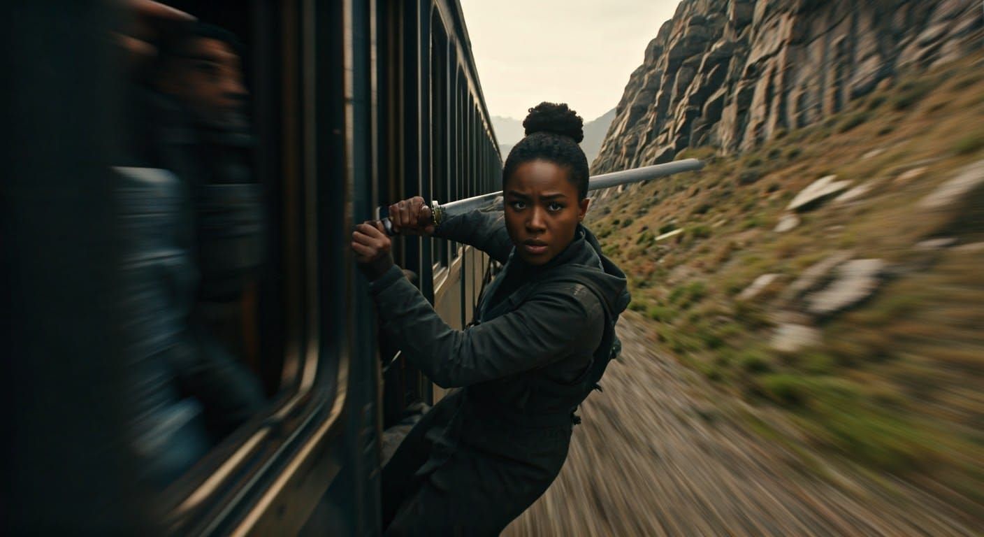 Cinematic Action Shot of Woman on Speeding Train