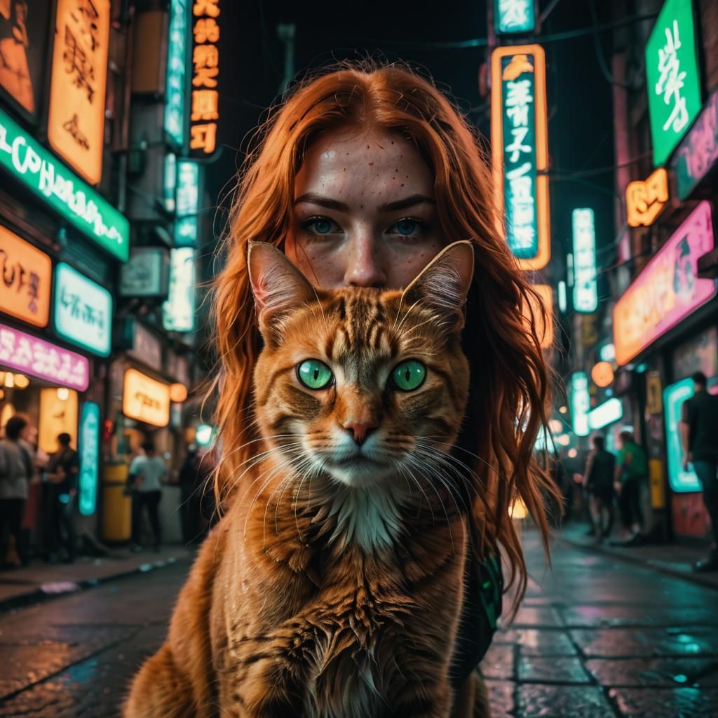 Cyberpunk Cat Stares Intently in Neon Cityscape