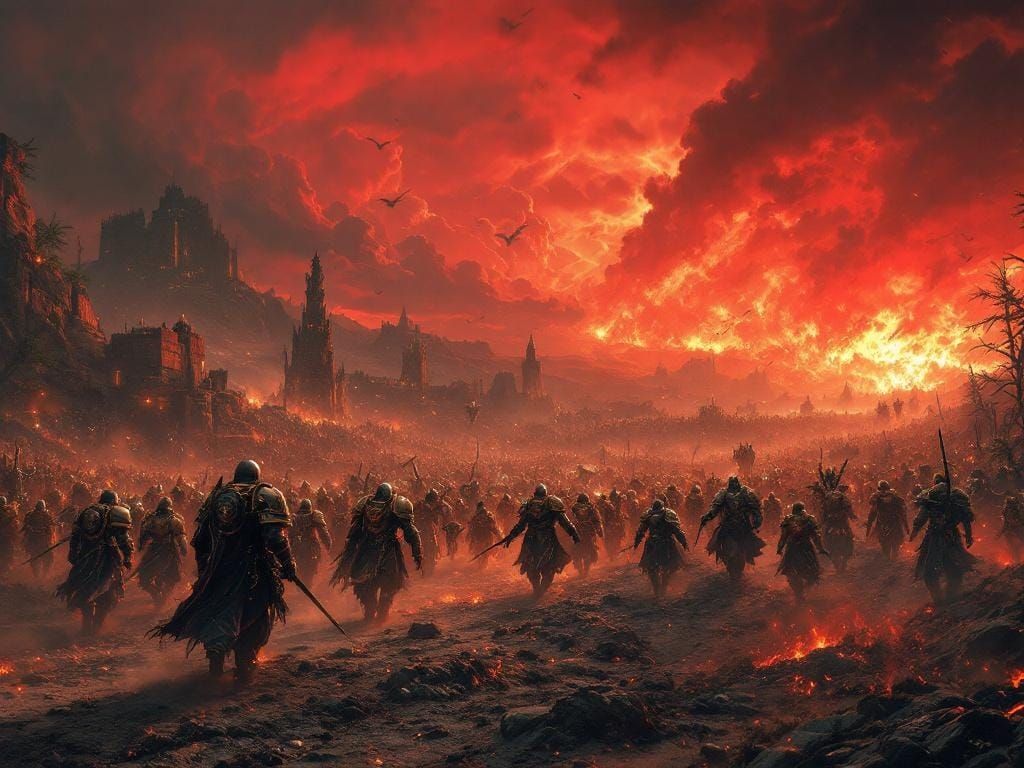 Epic Battlefield of Three Factions Under Red Sky