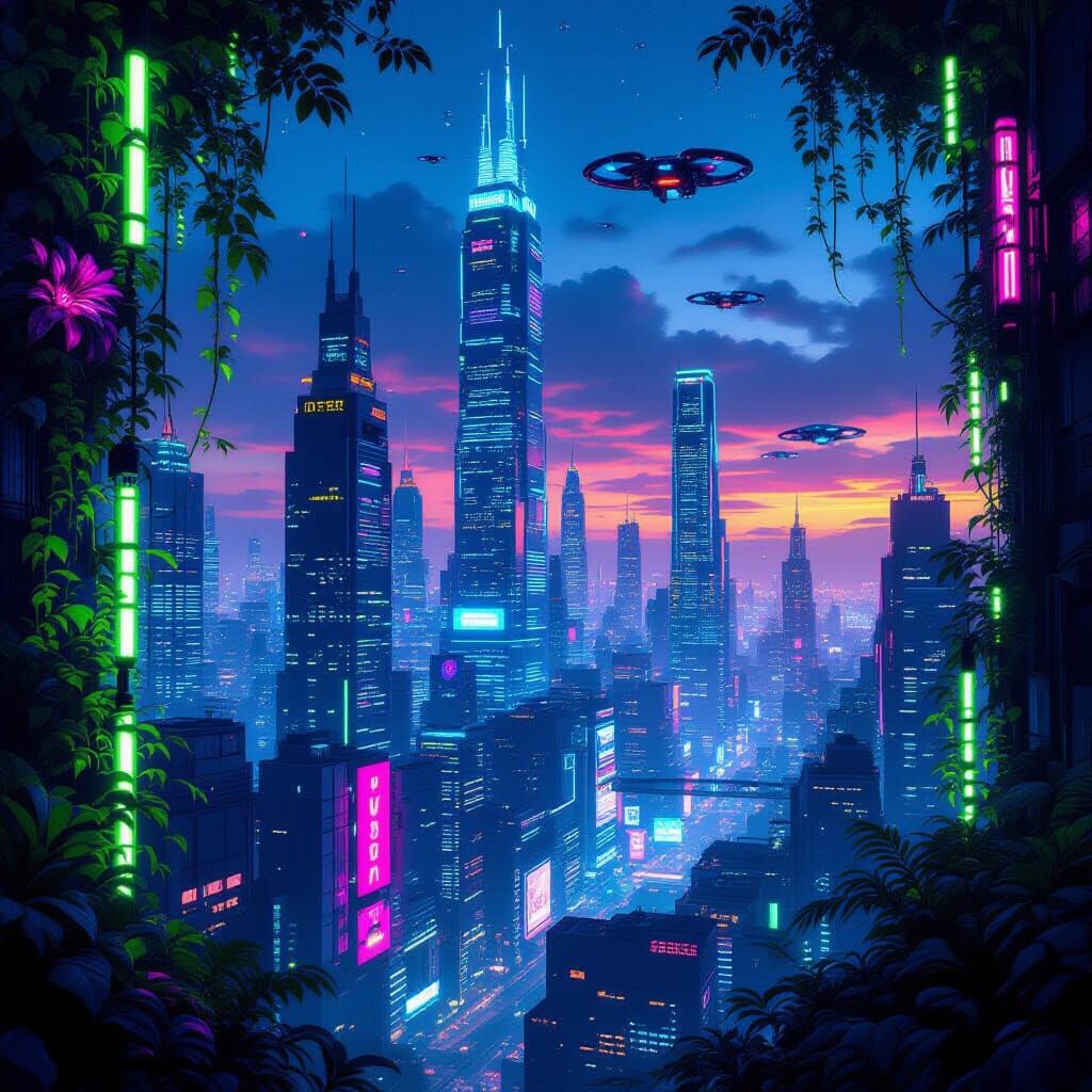 Neon Jungle Cityscape with Drones in Cyberpunk Style