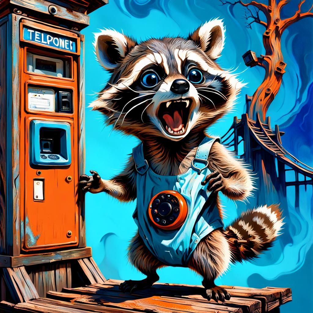 An intensely emotive anthropomorphic screaming baby raccoon wearing a diaper, reminiscent of Edvard Munch's iconic The S...