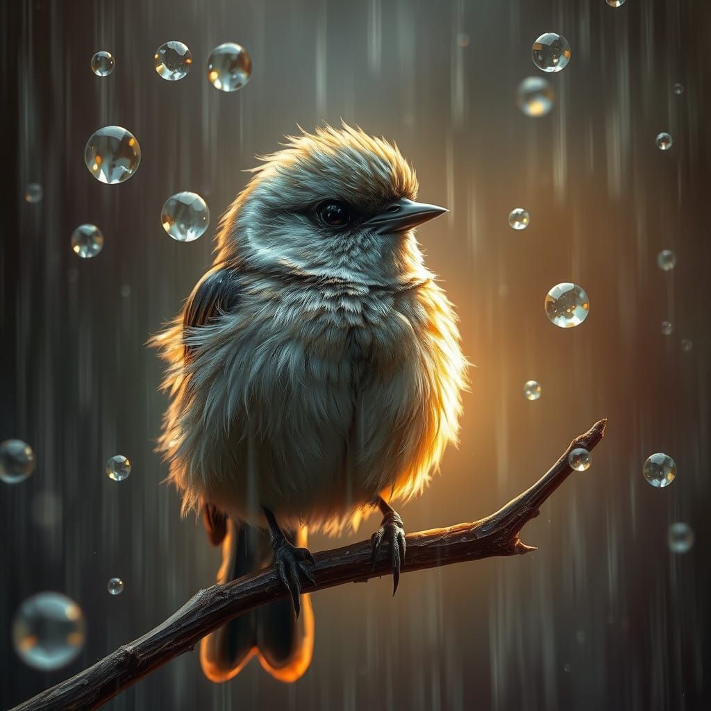 A Rain-Drenched Bird Takes Flight in a Vibrant, Hyperrealist...