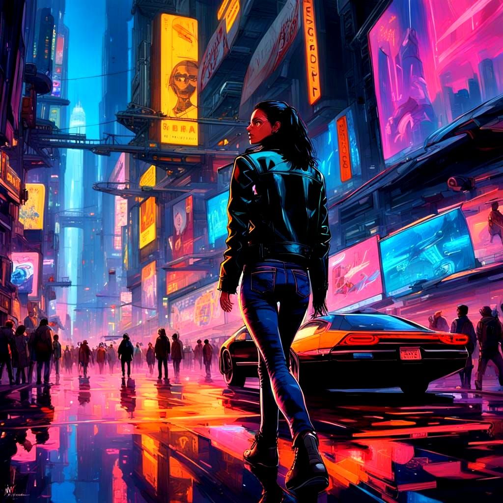 Cyberpunk Woman in Neon City Street
