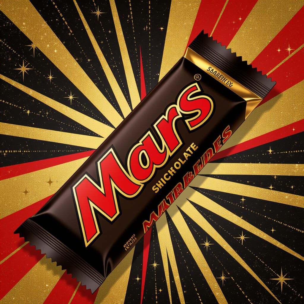 Retro Mars Bar Wrapper: Black, Gold, Red Packaging