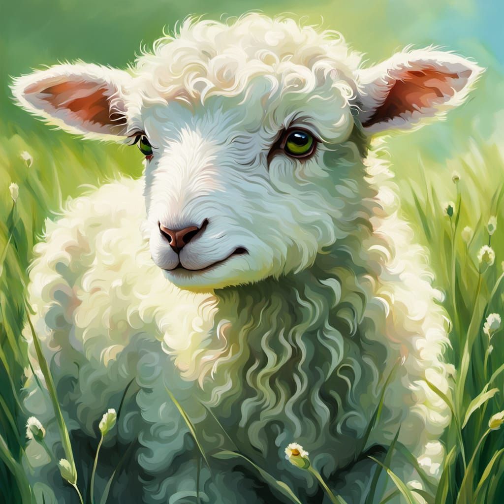 Pastoral Lamb Portrait in Whimsical Style