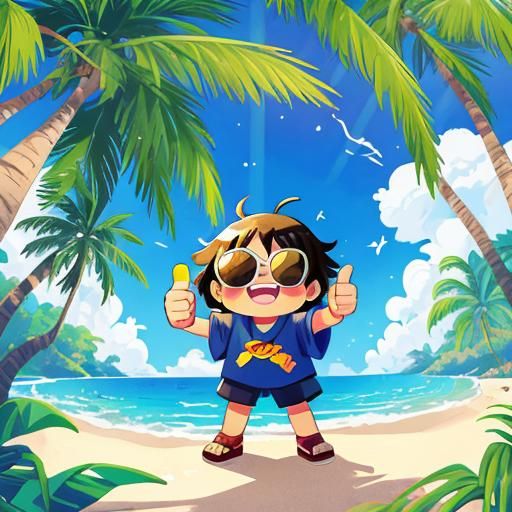 Triumphant Turtle with Sunglasses on Sunny Beach