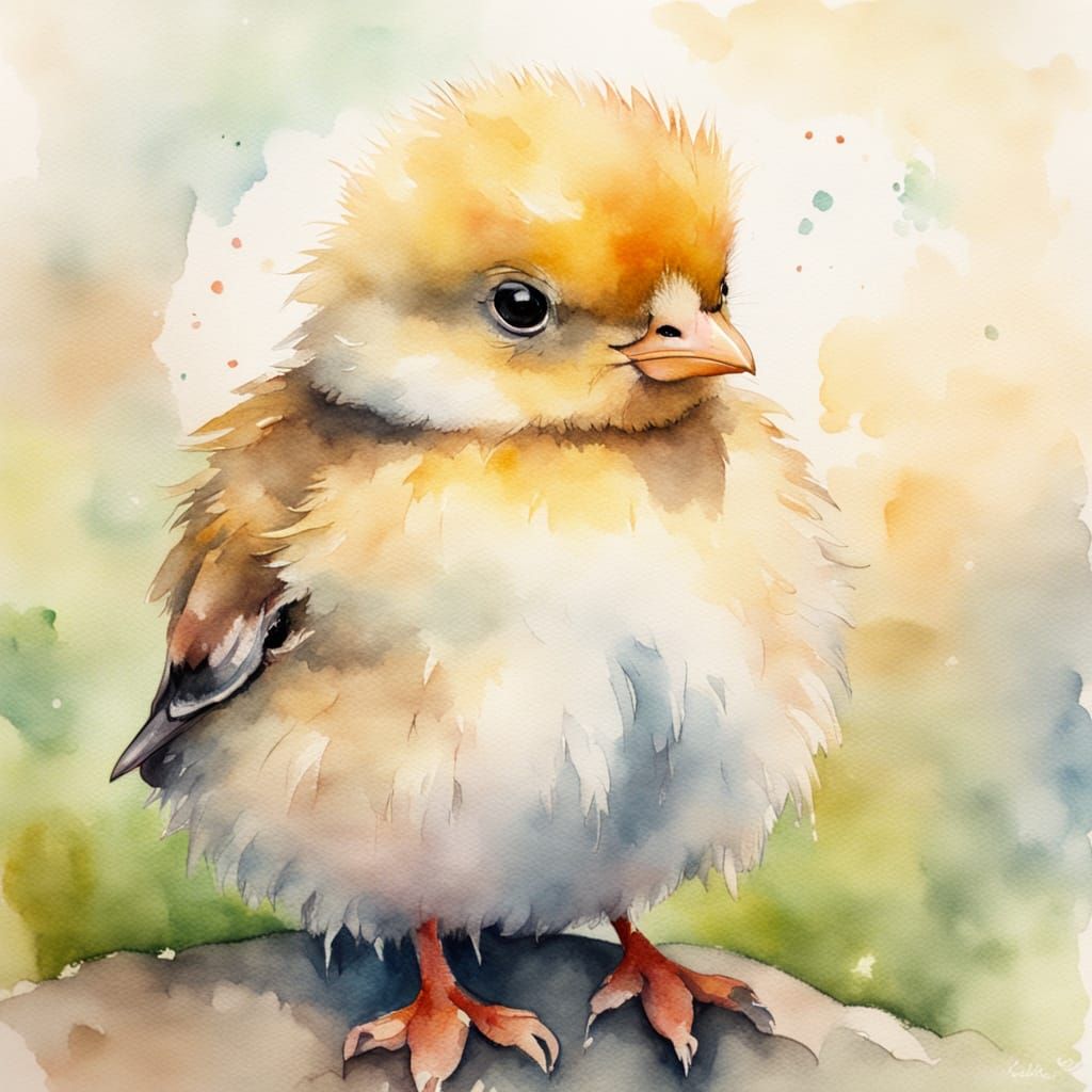 Grumpy Chick Portrait in Watercolor Art Style
