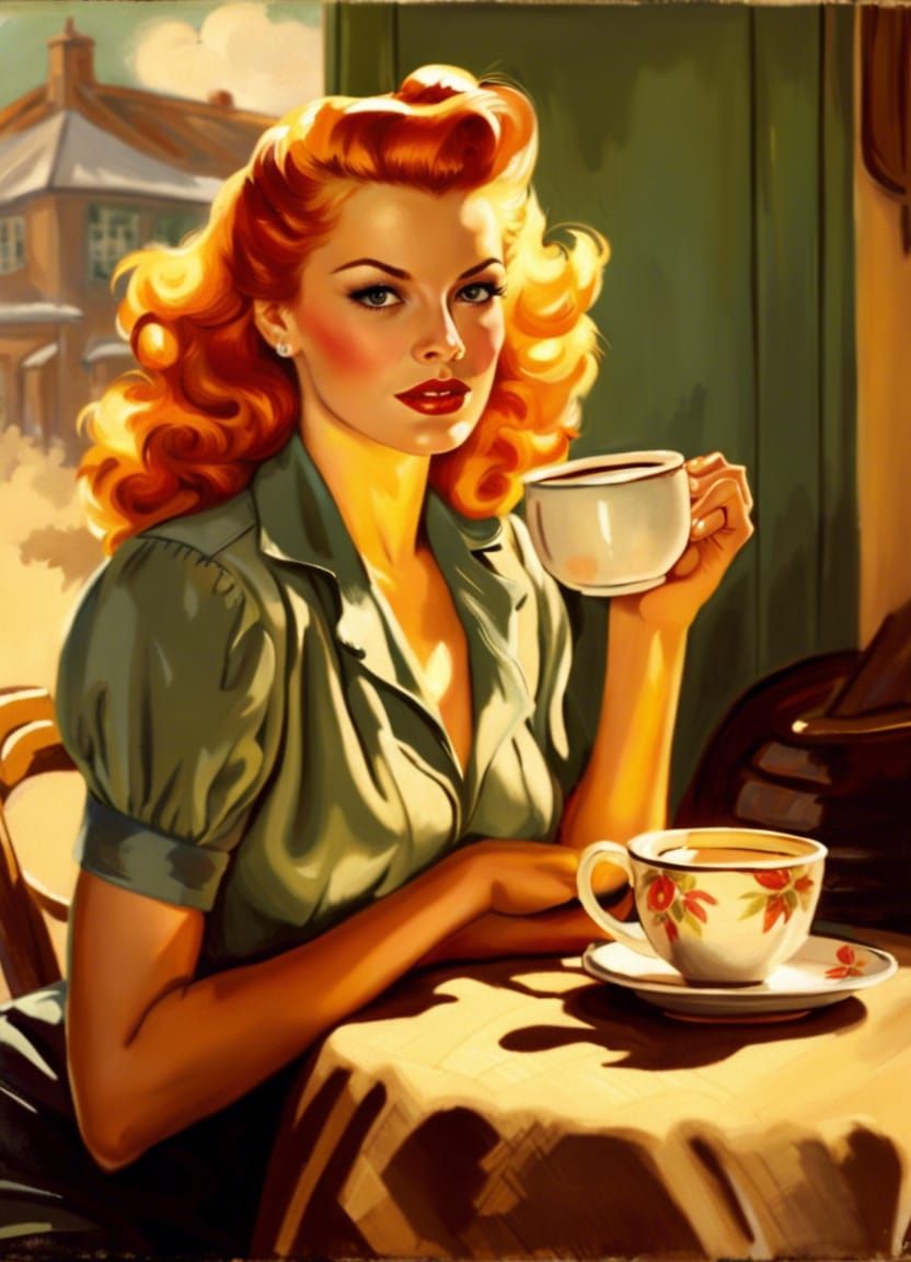 Strawberry Blonde in 1940s Pin-Up Style Holding Coffee