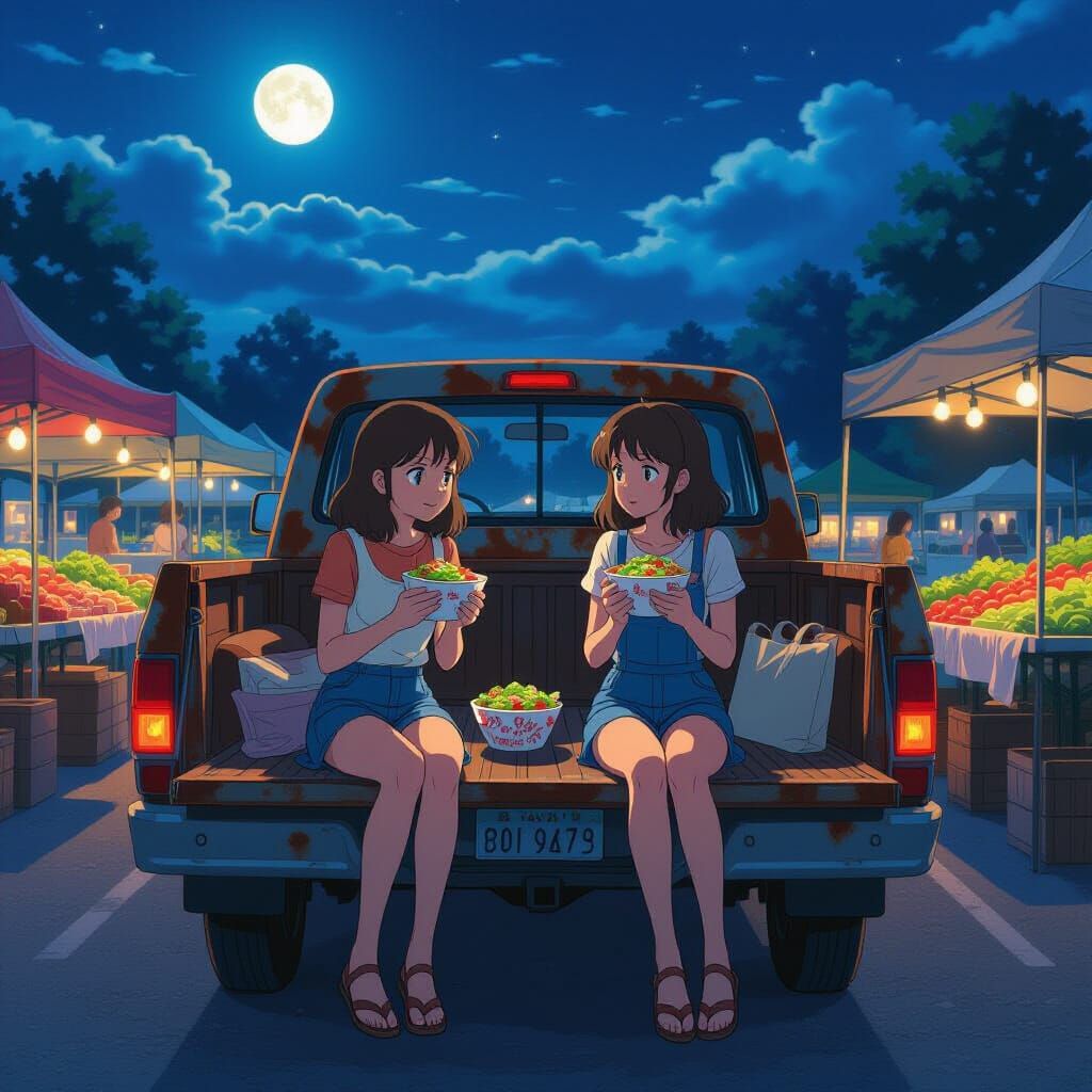 Teens Eating Salads in Truck at Night Farmer's Market