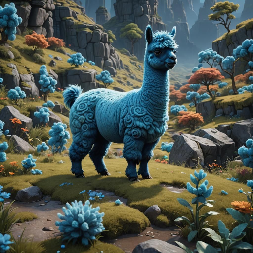 Cute Blue Alpaca in Detailed Matte Painting