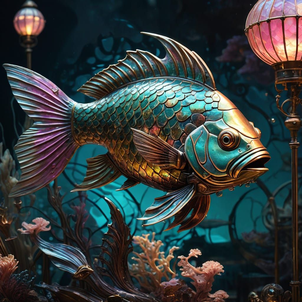 Whimsical Steampunk Fish Admires Mermaid Sculpture