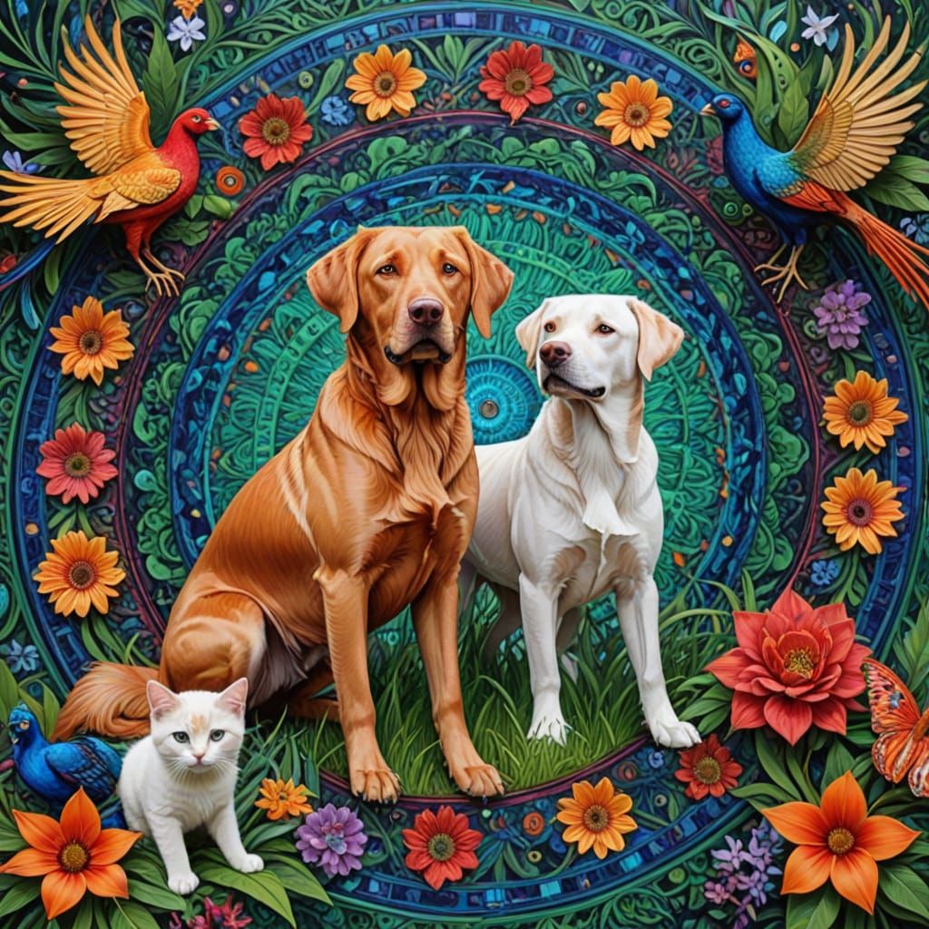 Vibrant Cosmic Scene of Dogs and Cats in a Mandala