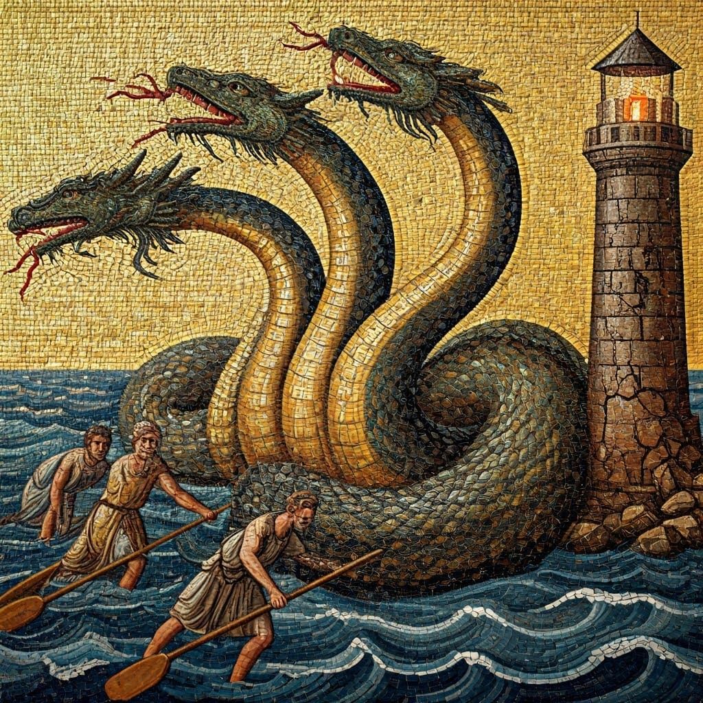 Ancient Byzantine Mosaic Masterpiece: Six-Headed Sea Serpent