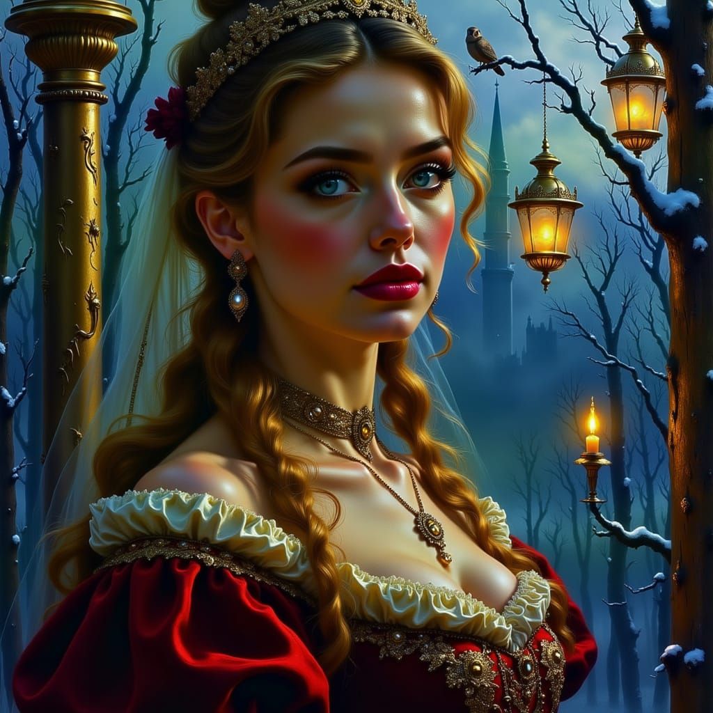 Regal Tsarina Gazes at Cosmic Nebula Over St. Petersburg