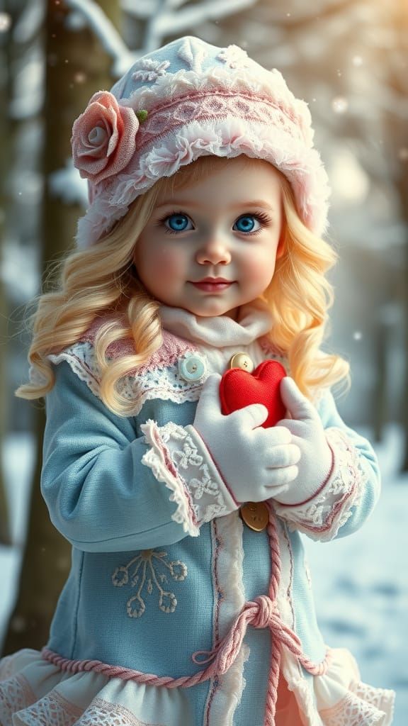 Baby Girl in Dreamy Winter Forest with Falling Snow