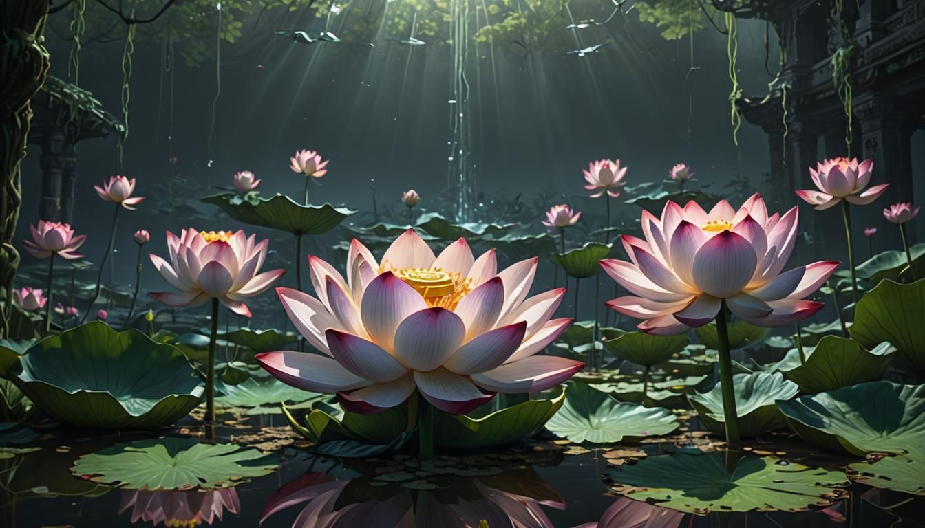 The lotus flower, revered for its purity and beauty, is an a...