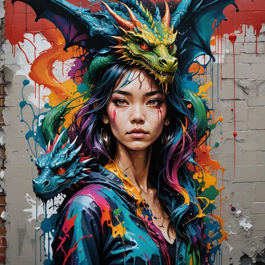 Woman with Dragon in Graffiti Art Style