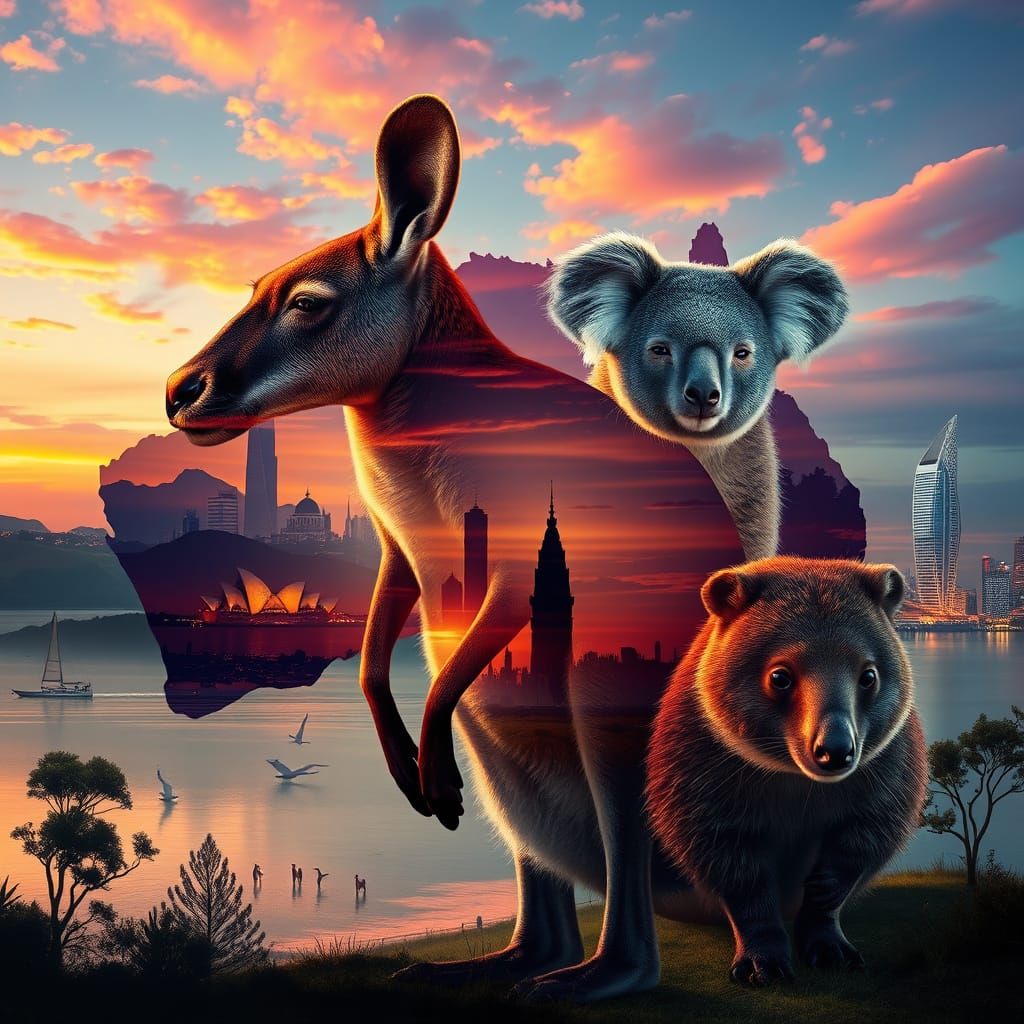 Australia Double Exposure: Kangaroo, Koala, Wombat & Landmar...