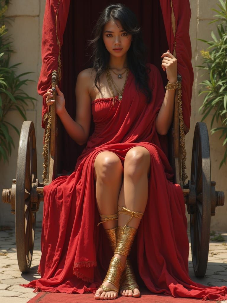 Beautiful Filipina Woman in Roman Chariot, Barely Covered Ro...