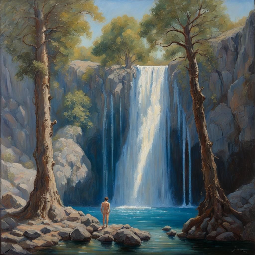 Neptune at Waterfall Oasis: Oil Painting