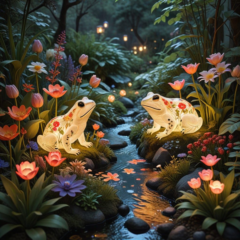 Surreal Floral Garden Scene in Nordic Folk Art and Solarpunk...