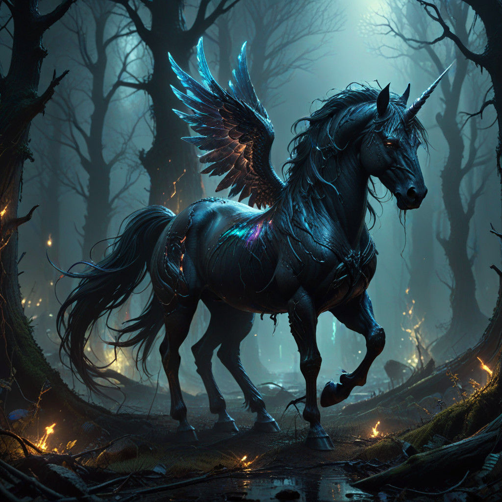 Dark Magic Unicorn in a Twisted Fantasy Realm