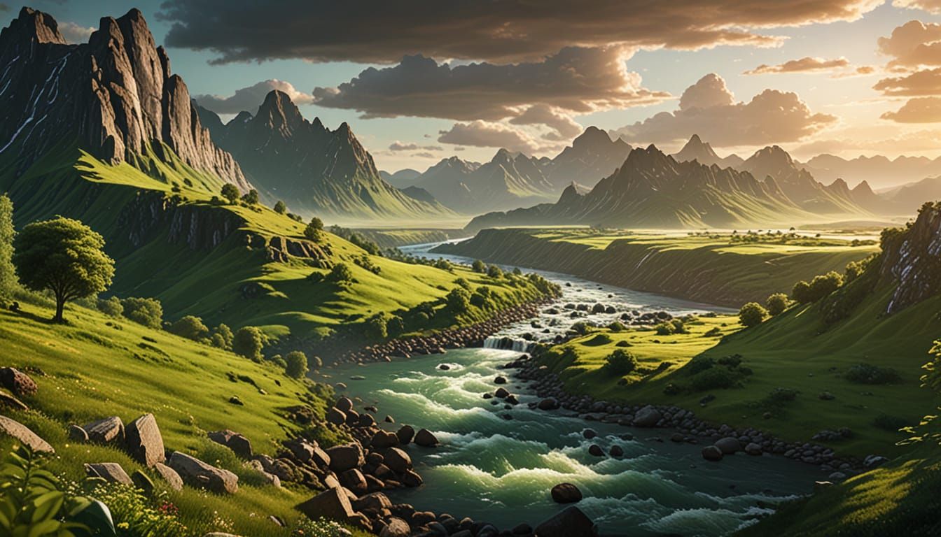 Golden Hour River Landscape Cinematic Matte Painting
