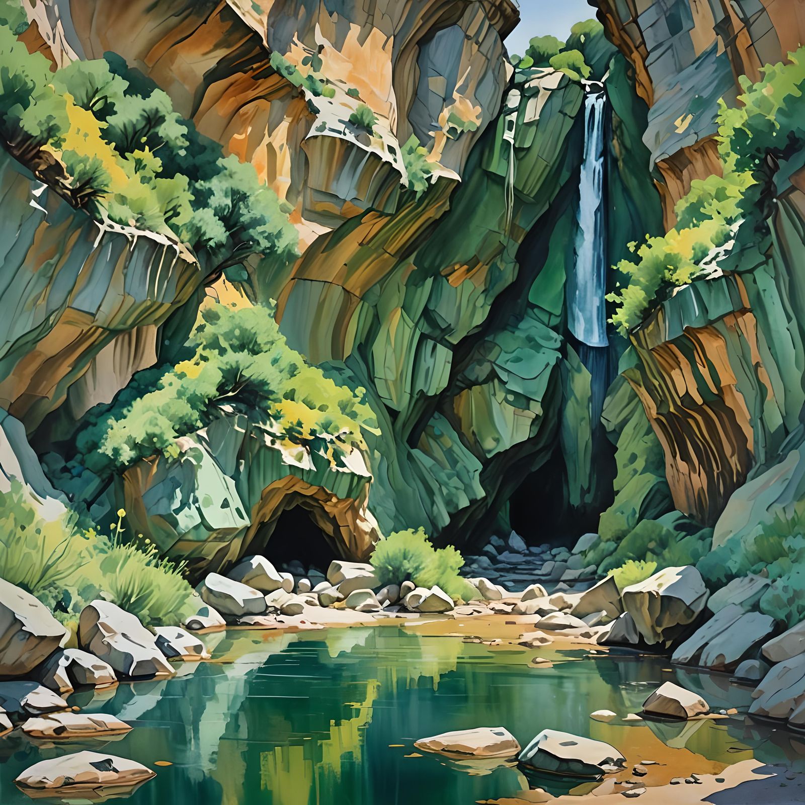 Cueva Des Los Verdes in Gouache Watercolor Style